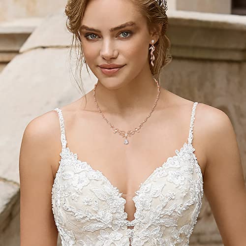 Crysdue Women's Wedding Bridal Jewelry Set for Brides Bridesmaids Cubic Zirconia Flower Leaf Vine Necklace Dangle Earrings for Prom Party - style: 12-rose gold