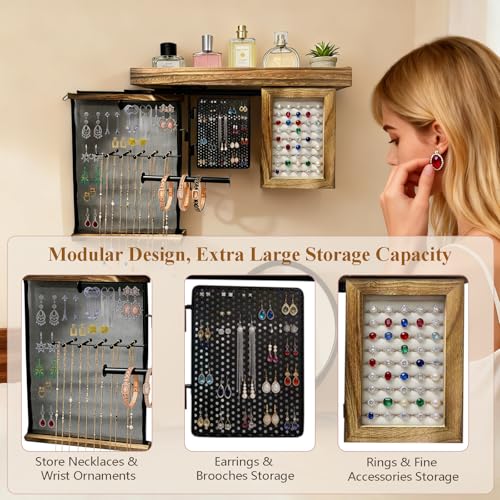 Jewelry Organizers and Storage, Wooden Wall Hanging Jewelry Holder | Retractable reinforced mesh, multi-grid classified storage, wooden top shelf, modern farmhouse boho decor for bedroom vanity