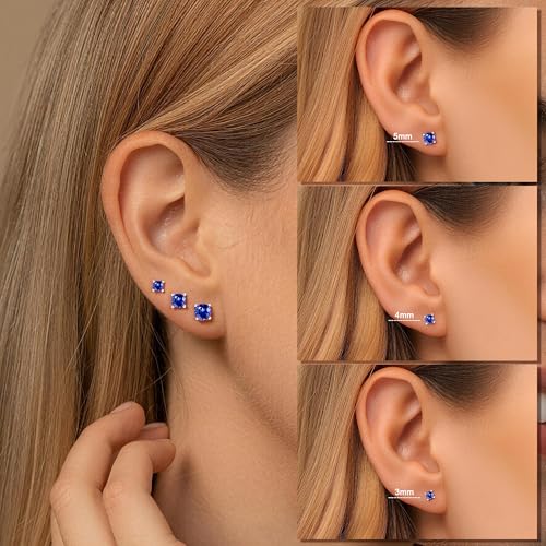 Small Birthstone Flat Back Stud Earrings for Women, 14K Real Gold Plated Hypoallergenic Earring Dainty CZ Cartilage Stud Earring Stack, Perfect Birthday Gifts for Women Her - color: Silver-09-September-Sapphire Royal Blue