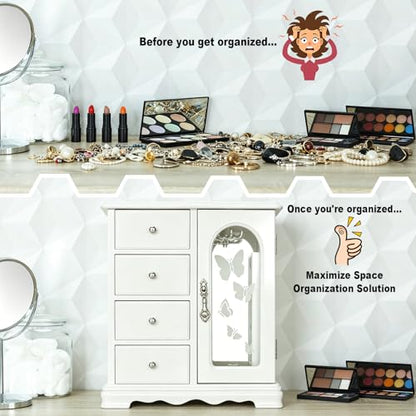 RR ROUND RICH DESIGN Solid Wood Jewelry Box White | Large Organizer with 4 Drawers, Built-in Necklace Carousel & Large Mirror - style: Fashion White