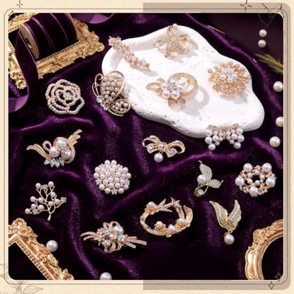Sasylvia 16 Pcs Women Brooch Set Rhinestone Vintage Animal Insect Plant Pins Brooches Bulk for Christmas Women Girls Gifts - style: Pearl