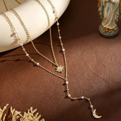 14K Gold/Silver Plated Miraculous Medal Rosary Cross Necklace Women | Miraculous Medal Y-Chain Rosary Necklace, Premium Gift Box, Catholic Milestone Gifts, Daily Faith Wear - style: Gold Style3