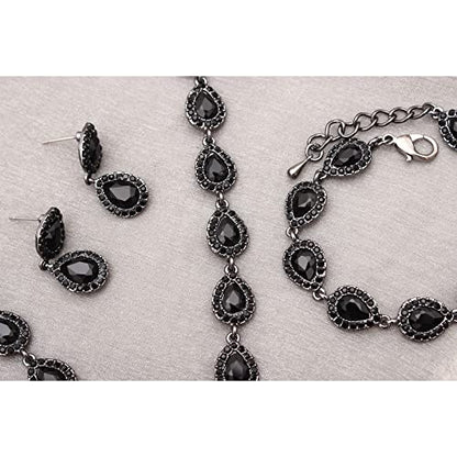 Austrian Crystal Rhinestone Necklace Dangle Earrings Link Bracelet Jewelry Set for Brides Bridesmaid Prom Costume Accessories for Women - color: Black-Gun Black