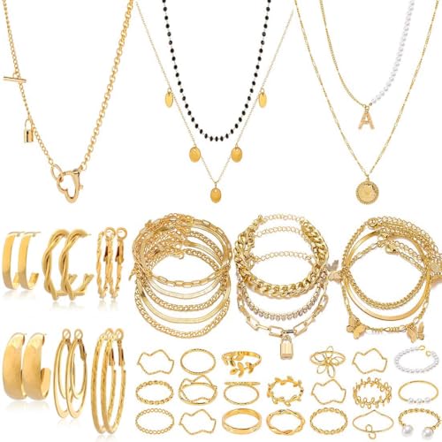 Stocking Stuffers Gold plate and Silver Plated Jewelry Sets Stocking Stuffers for Women Costume Jewelry Chain Necklace Bracelet Earrings and Rings Sets for Women Bulk Jewelry - color: JJG50Hgold