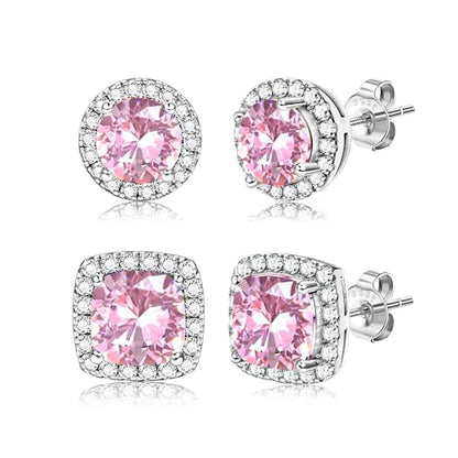 18K Gold Plated Halo Stud Earrings 925 Sterling Silver Cubic Zirconia Stud Earrings Round Square Diamonique Stud Earrings Set for Women Men - color: Silver&Pink