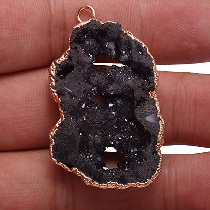 LE SKY natural stone pendant, irregular plated gold edge crystal agate stone pendant for jewelry making DIY necklace charms 25X30-35X45mm (2 Pcs) - color: black
