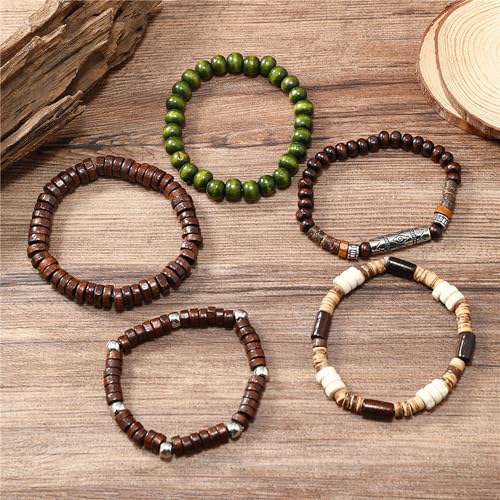 Wooden Beads Stretch Bracelet Multi-Layered Stretch Bracelet for Women Men Elastic Bracelet 5pcs - color: A-01