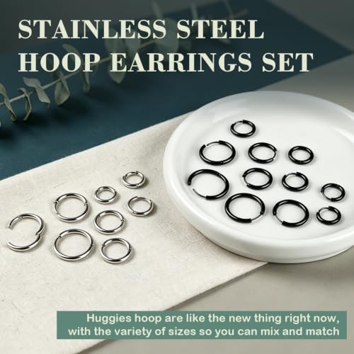 ONESING 10 Pairs Mens Hoop Earrings Stainless Steel Silver/Black Mens Earrings Hoop Hypoallergenic Huggie Hoop Earrings for Men Women Multiple Piercings 8mm/10mm/12mm/14mm/16mm - color: Silver/Black