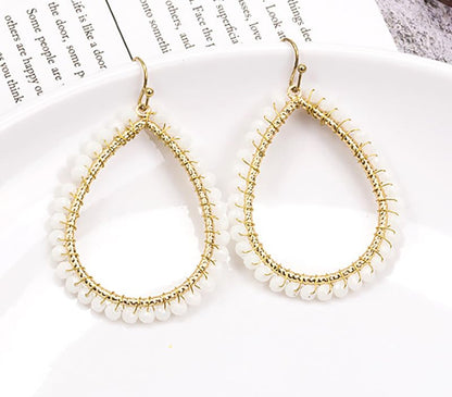 Boho Beads Teardrop Earrings Dangling Gold Hoop Earrings for Women - color: White