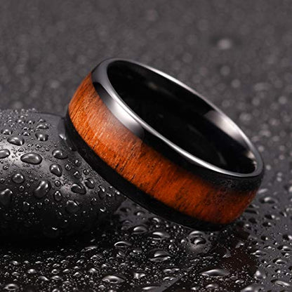 THREE KEYS JEWELRY Tungsten Wedding Band Koa wood Inlay Black Domed | 4mm, 6mm, 8mm, Everyday Wear, Black, Domed, Koa wood inlay - color: Black 8mm