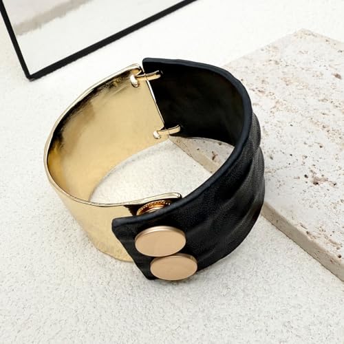 Leather Bracelet for Women Black Leather Golden Bracelet Bangle Chunky Leather Wrap Bracelet for Women Statement Jewelry Gift - style: Genuine Leather Bracelet-Gold