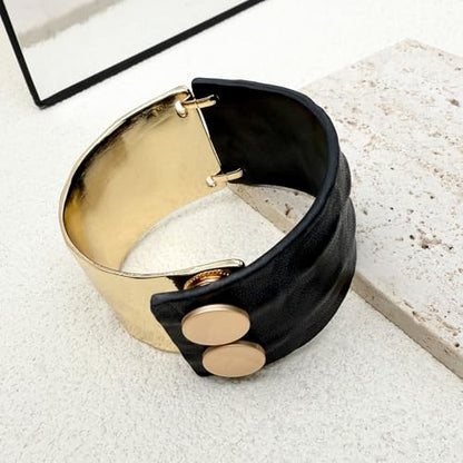Leather Bracelet for Women Black Leather Golden Bracelet Bangle Chunky Leather Wrap Bracelet for Women Statement Jewelry Gift - style: Genuine Leather Bracelet-Gold
