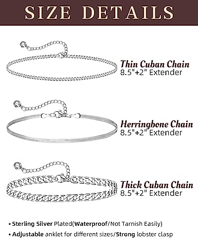 Sterling Silver Ankle Bracelets for Women Strong Lobster Clasp - Cuban Link, Figaro, Rope, Flat Mariner, Snake Herringbone, Satellite, Paperclip - Summer Beach Waterproof Silver Anklet - color: Curb, Chunky Curb,Snake