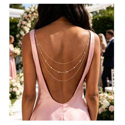 Elegant Multi Layered Rhinestone Back Chain Jewelry Crystal Bridal Back Necklace Chain Sexy Bikini Rhinestone Shoulder Chain Wedding Backdrop Jewelry for Women - color: Silver