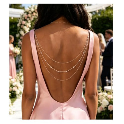 Elegant Multi Layered Rhinestone Back Chain Jewelry Crystal Bridal Back Necklace Chain Sexy Bikini Rhinestone Shoulder Chain Wedding Backdrop Jewelry for Women - color: Silver