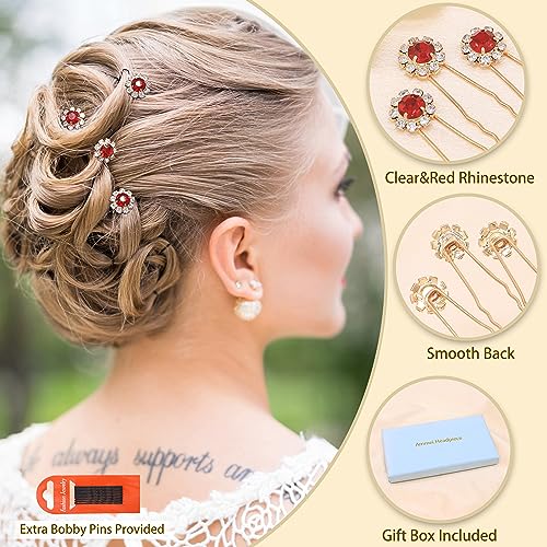 Ammei Crystal Bridal Hair Pins Clips Wedding Hair Accessories Hair Set Jewelry With Rhinestone For Brides and Bridesmaids Set Of 12 (Red) - color: Red