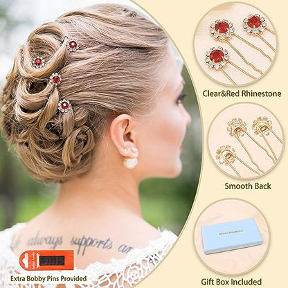 Ammei Crystal Bridal Hair Pins Clips Wedding Hair Accessories Hair Set Jewelry With Rhinestone For Brides and Bridesmaids Set Of 12 (Red) - color: Red