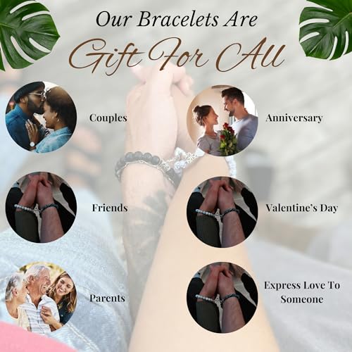 Set Of 2 Couples Bracelet Magnetic Healing Natural Bead Stone Stretch Bracelet Unisex Anniversary, Friendship, Valentine, Christmas Gift - color: Black+Howlite, style: Without Giftbox