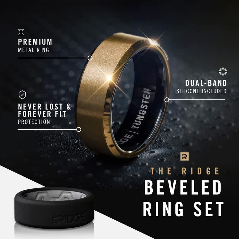 The Ridge Tungsten Rings For Men - Mens Wedding Band - Strong, Durable, and Scratch-Resistant Beveled Ring With Silicone Band - color: 24K Gold