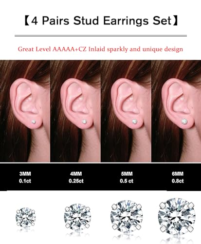 Stainless Steel Stud and Hoop Earrings Sets for Ear Stacks | Choose gold or silver pearl studs, CZ studs, flat backs, butterfly backs, hoops and multi-pair ear stack sets. - color: 4 Pairs 20G Silver