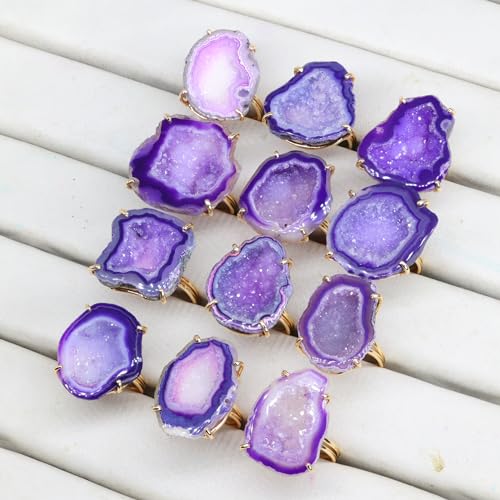 Elegant Geode Druzy Gemstone Statement Ring for Women, Adjustable Ring, Gold Plated Stone Size 20-25mm - color: Purple, style: 1