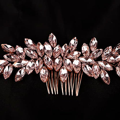 Teyglen Hair Comb, Rhinestone Crystal Hair Comb Headpiece for Women, Wedding Party Prom, Rose Gold-Pink Rhinestones Hair Piece, Size 15 *6cm/5.9 *2.36 inches, Alloy+Rhinestones, 1 Count - color: Rose Gold-Pink Rhinestones