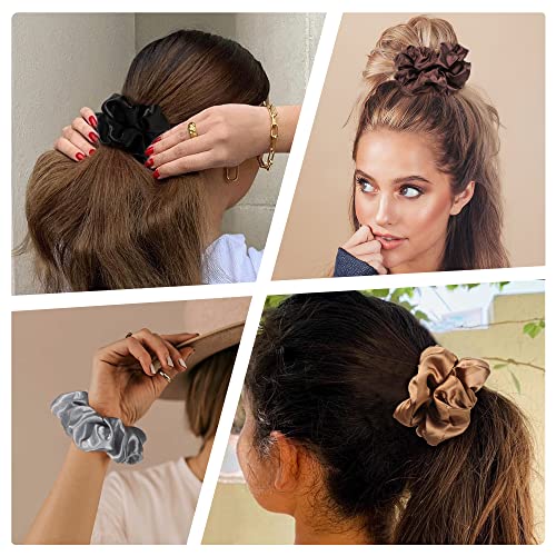 Satin Silk Scrunchies: Big Hair Ties for Women, Girls' Ponytail Holders for Thick, Curly Hair - Cute Pony Tails - color: Bown Gray