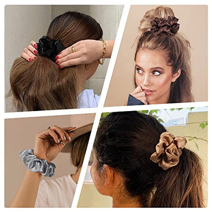 Satin Silk Scrunchies: Big Hair Ties for Women, Girls' Ponytail Holders for Thick, Curly Hair - Cute Pony Tails - color: Bown Gray
