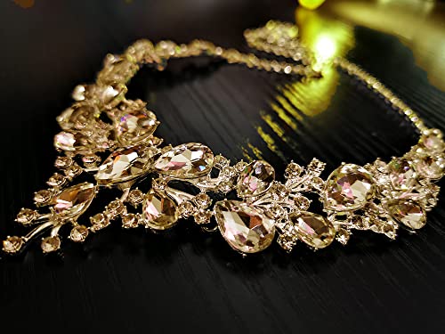 Rhinestone Bridal Jewelry Sets for Women Crystal Necklace Earrings Bracelet Set Silver-Tone Wedding Bridal Bridesmaid Gifts fit with Wedding Dress - color: C:3pcs-Champagne Tone Necklace + Earrings + Bracelet set