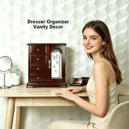 RR ROUND RICH DESIGN Solid Wood Jewelry Box Brown | Large Organizer with 4 Drawers, Built-in Necklace Carousel & Large Mirror - style: Fashion Brown