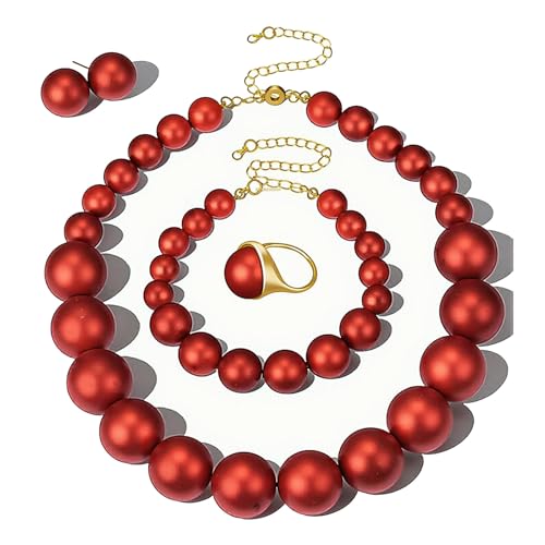 Prom Jewelry Set for Women Pearl Jewelry Sets Pearls Necklace Earrings Bracelet Ring Sets Faux Pearls Bridesmaid Bridal Wedding Prom Outfits Jewelry Sets - color: Dark Red