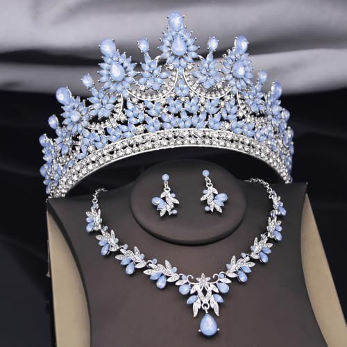 Crowns and Tiaras Jewelry Set for Women.Wedding (Gold Green) | Wedding Crown, Necklace Earrings, Princess Queen Birthday Party, Pageant Bridal, Costume Accessories - color: Opal Blue