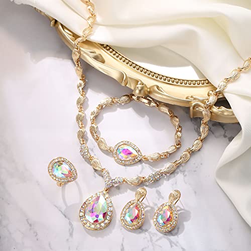 Womens Africa 18k Gold Plated Jewelry Set Crystal Rhinestones Petals Teardrop Cluster Bib Statement Necklace Link Bracelet Dangle Earrings Ring for Prom - color: 05Iridescent AB Gold-Plated-Base