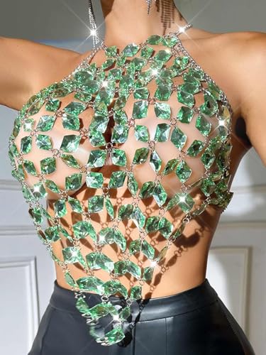 Aukmla Crystal Bra Body Chain Top Silver Rhinestones Halter Crop Tops Beach Bikini Chest Chains Body Jewelry for Women - style: Green
