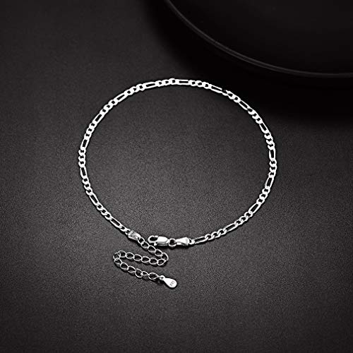 PROSILVER 925 Sterling Silver Ankle Bracelets For Women, Stylish Chain Anklets, Summer Beach Jewelry, 8.6-10.6 Inch Adjustable, Come with Box - style: 03 Figaro Anklet-3mm
