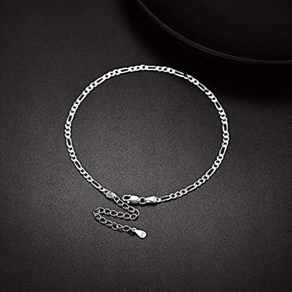 PROSILVER 925 Sterling Silver Ankle Bracelets For Women, Stylish Chain Anklets, Summer Beach Jewelry, 8.6-10.6 Inch Adjustable, Come with Box - style: 03 Figaro Anklet-3mm