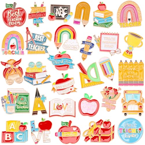 SANNIX 60Pcs Teacher Pins, Appreciation Gifts Enamel Teacher Lapel Pins Back to School Pencil Book Blackboard Pin Badge Appreciation Brooch Pins for Clothes Bags Hats Accessories, 30 Styles - style: Teacher Pins