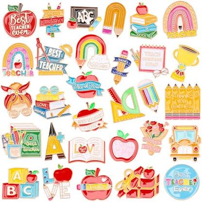 SANNIX 60Pcs Teacher Pins, Appreciation Gifts Enamel Teacher Lapel Pins Back to School Pencil Book Blackboard Pin Badge Appreciation Brooch Pins for Clothes Bags Hats Accessories, 30 Styles - style: Teacher Pins
