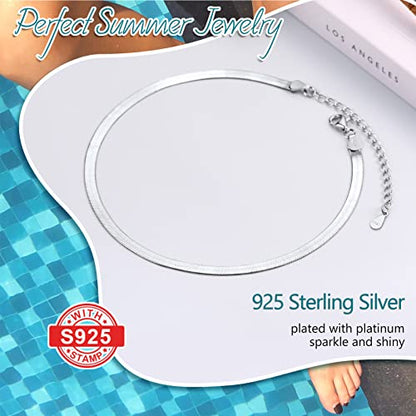 PROSILVER 925 Sterling Silver Ankle Bracelets For Women, Stylish Chain Anklets, Summer Beach Jewelry, 8.6-10.6 Inch Adjustable, Come with Box - style: 04 Herringbone Anklet-3mm