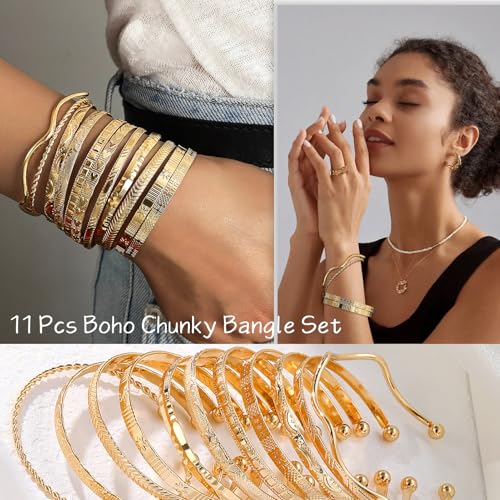 17IF Gold Bangle Bracelet For Women, 14k Multilayer Charm Textured Stackable Bracelets Boho Indian Chunky Cuff Fashion Jewelry Gift - style: 11 Pcs