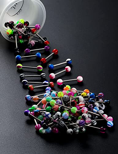 100pcs 14g Tongue Rings Nipple Rings for Women Men Surgical Stainless Steel Tongue/Nipple Piercing Jewelry Plastic Metal Tongue Ring 16MM Acrylic Straight Barbells Body Piercing Jewelry - color: A-100PCS Metal Tongue/Nipple Rings 16mm