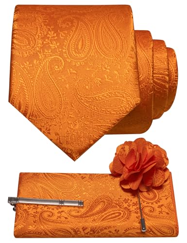JEMYGINS Mens Paisley Tie and Lapel Pin Necktie Pocket Square and Tie Clip with Sets for Business Casual 4PCS - color: Orange