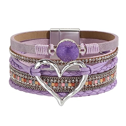 Womens Love Heart Leather Wrap Bracelet Multi-layer Stacked Bangle | Magnetic Clasp Soft PU Leather Resin Stone Rhinestone Boho Style Birthday Valentine Christmas Bohemian Jewelry Gift - color: Purple