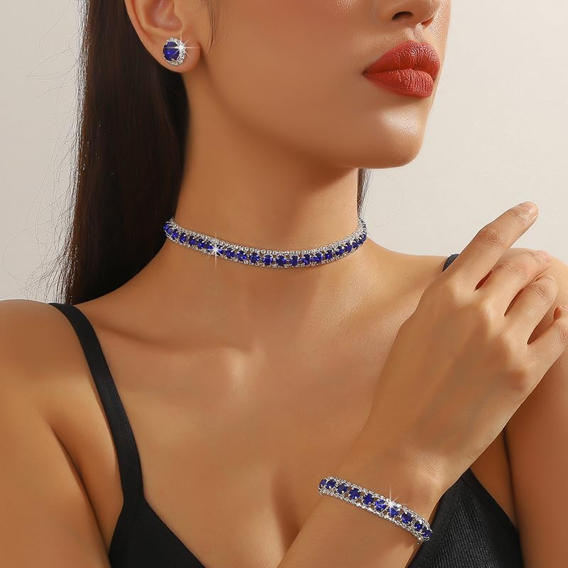 Women Rhinestone Crystal Jewelry Set Crystal Tennis Design Rhinestone Choker Necklace Link Bracelet Teardrop Earrings Set Wedding Bridal Bridesmaids Party - color: Silver Plated Blue Crystal（2）