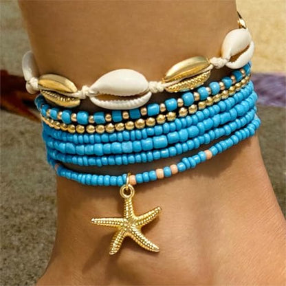 Bohemian Stackable Shell Beaded Ankle Bracelets for Women Colorful Boho Multi-Layer Seashell Gold Starfish Adjustable Handmade Braid Bracelet Summer Beach Holiday Accessories Gifts - color: Blue