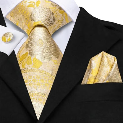 Dubulle Mens Paisley Striped Tie Woven Necktie for Men and Handkerchief Cufflinks Set Wedding Formal Business - color: C Yellow