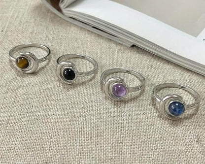 Sun and Moon Ring, Adjustable Natural Stone Rings for Women & Men, Boho Celestial Jewelry for Daily Wear - color: Black Onyx