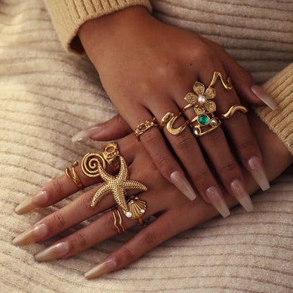 Chunky Gold Rings for Women Non Tarnish, Baroque Pearl Flower Tiger's Eye Stone Rings Adjustable Stacking Statement Rings Set Fashion Jewelry Gifts - style: Starfish/Flower/Shell