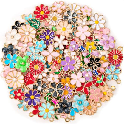100Pcs 50 Pairs Flower Charms for Jewelry Making, Wholesale Assorted Enamel Mixed Bulk Metal Earring Charms for DIY Necklace Bracelet Earring Jewelry Making and Crafting - style: Flower Charms