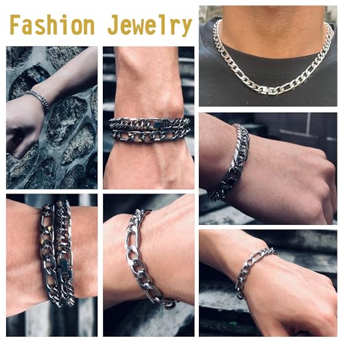 3PCS Figaro Necklace Bracelet Cuban Bracelet, Silver Gold Black Sturdy 316L Stainless Steel Cuban Link Figaro Chain for Men Jewelry Set with Gift Message Card 8mm, 7/8/9 Inches - color: Silver, size: Bracelet width:8 inches